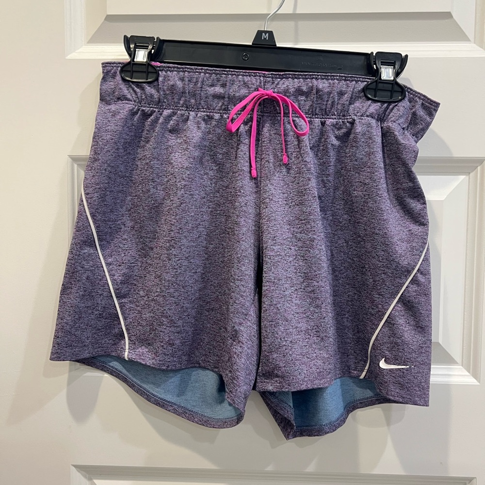Nike Women's Heather Purple Athletic Shorts with Hot Pink Drawcord